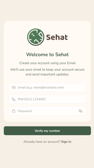 Sign up screen with verification